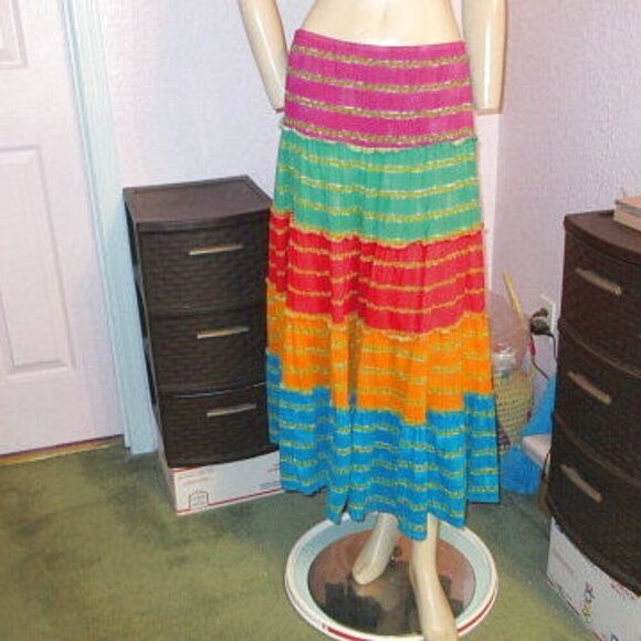 Lauren Ralph Lauren PATCHWORK Maxi Size M SKIRT Rainbow TIERED Flowy COTTON Boho - Picture 1 of 9